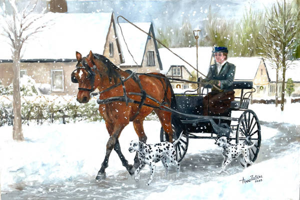 A woman driving a horse-drawn carriage accompanied by two Dalmatians in the snow