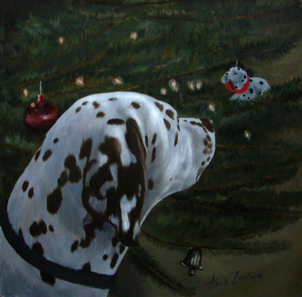 A liver-spotted Dalmatian gazing at a Dalmatian ornament hanging on a Christmas tree