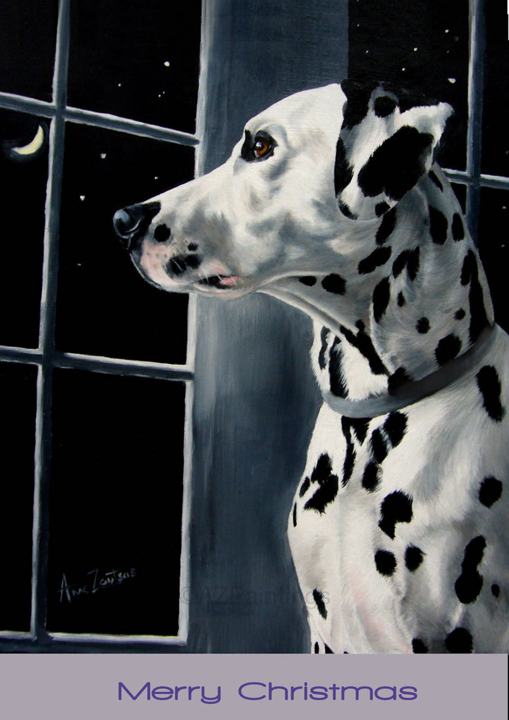 A Dalmatian looking through a window at the crescent moon.