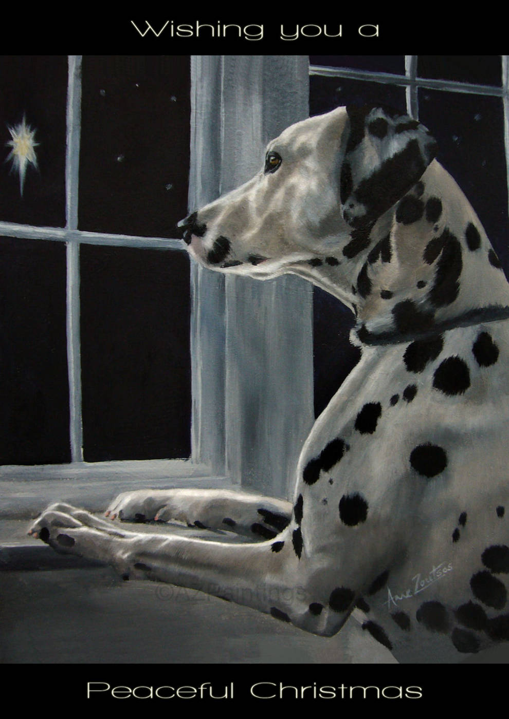Christmas card featuring a Dalmatian gazing up through the window at a bright star