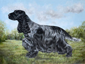 Oil painting of a standing cocker spaniel