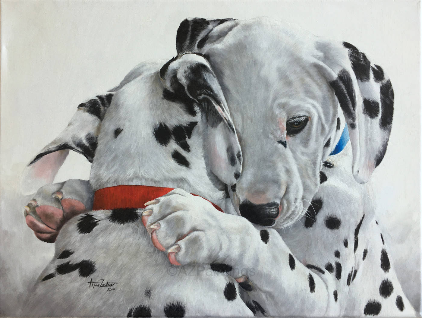 Two Dalmatian puppies share an embrace in this painting celebrating friendship and innocence
