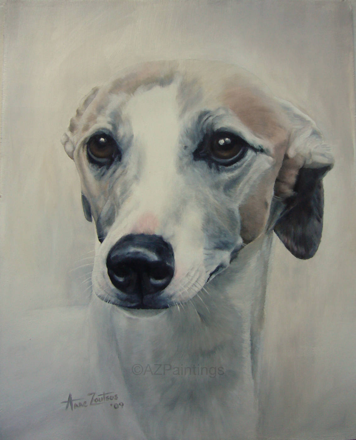 A painting of a whippet with gentle features and soulful expression