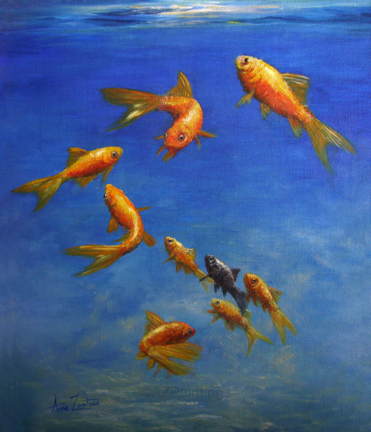 A painting of gold and black fish swimming through clear blue water, inspired by the Feng Shui symbol of prosperity and harmony