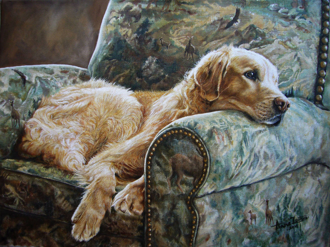 A highly detailed oil painting of a golden retriever reclining on a richly patterned upholstered chair