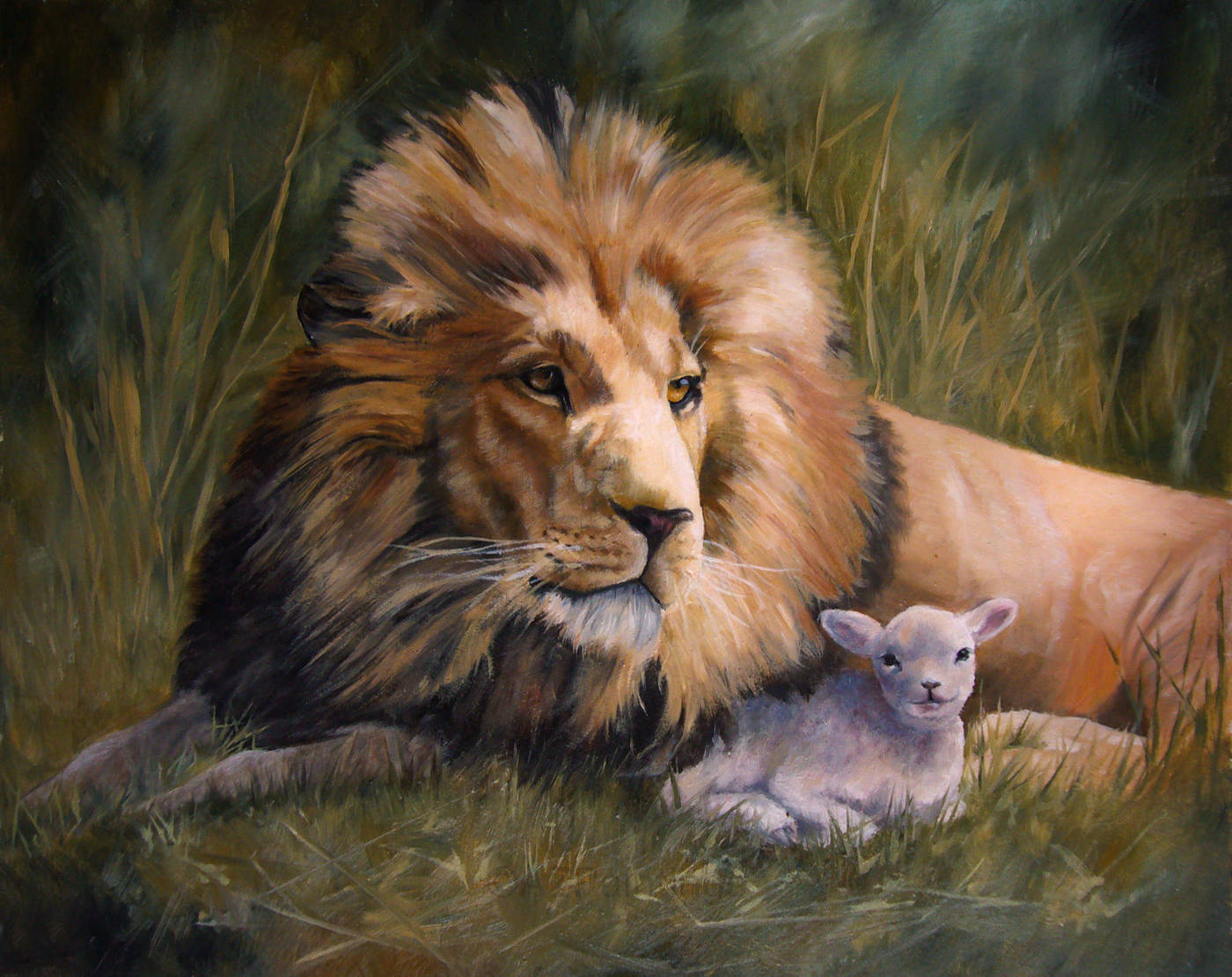 A lion lying protectively beside a lamb, bathed in soft meadow light