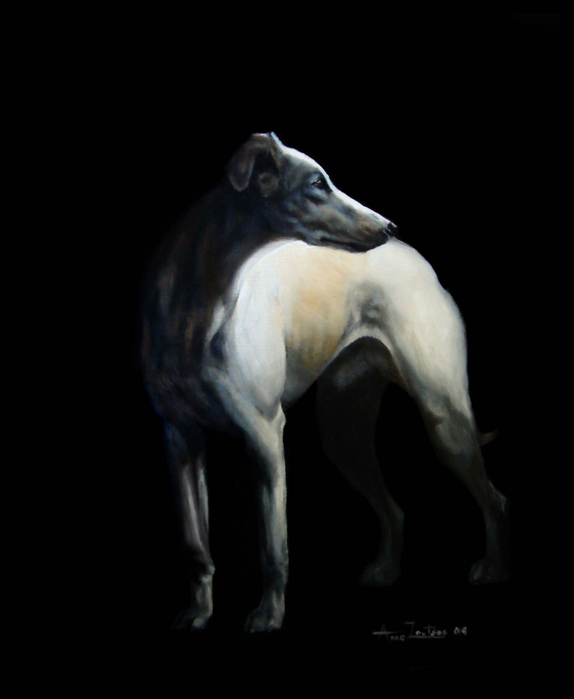 A standing whippet turning its head over its shoulder, painted against a black background